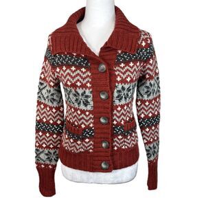 Vtg Womens Chunky Cable Knit Cardigan Button Sweater Nordic Fair Isle 2010 Sz S